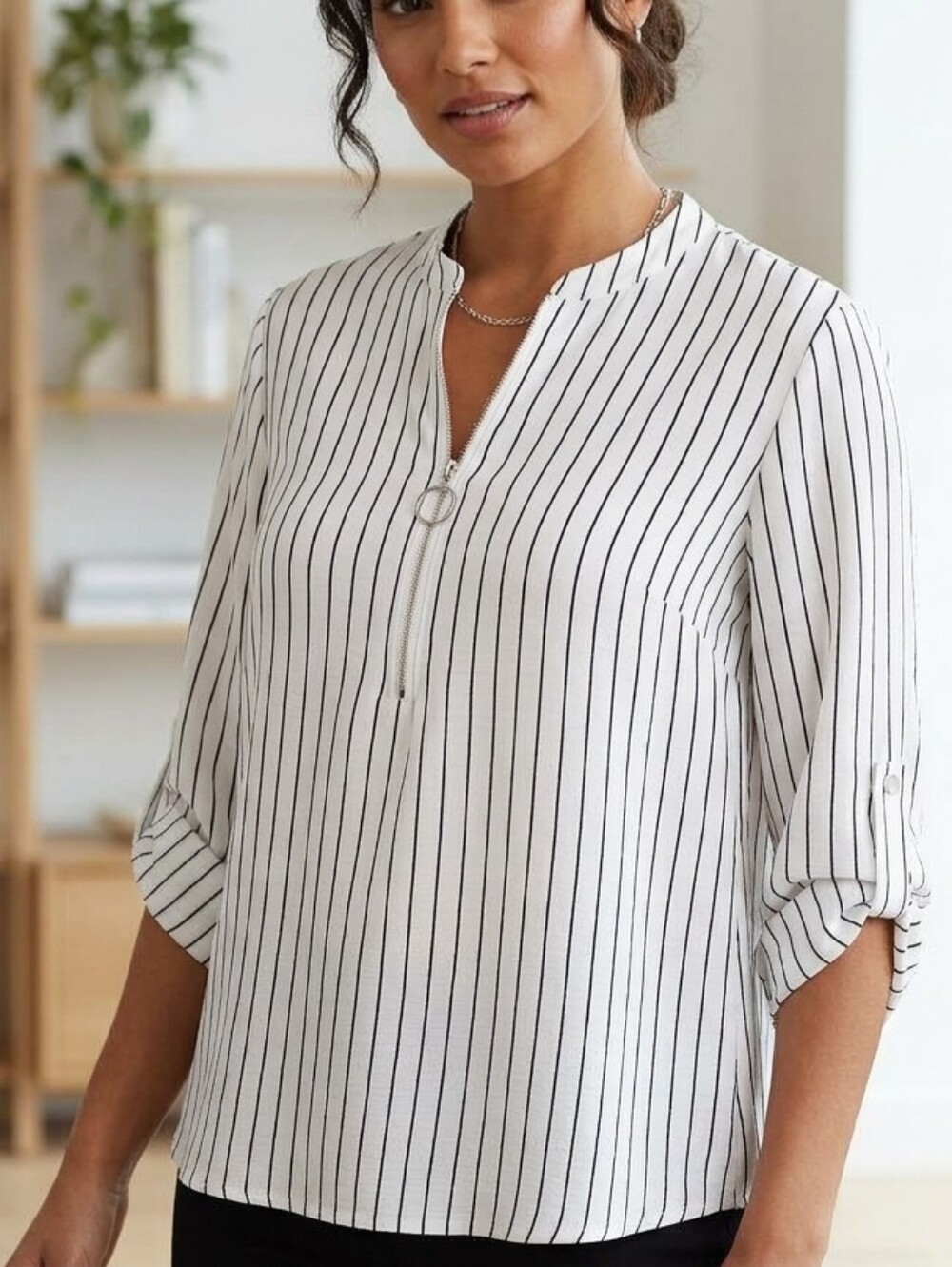 Crescent & Willough Womens Black & White Striped Blouse Size Medium Business